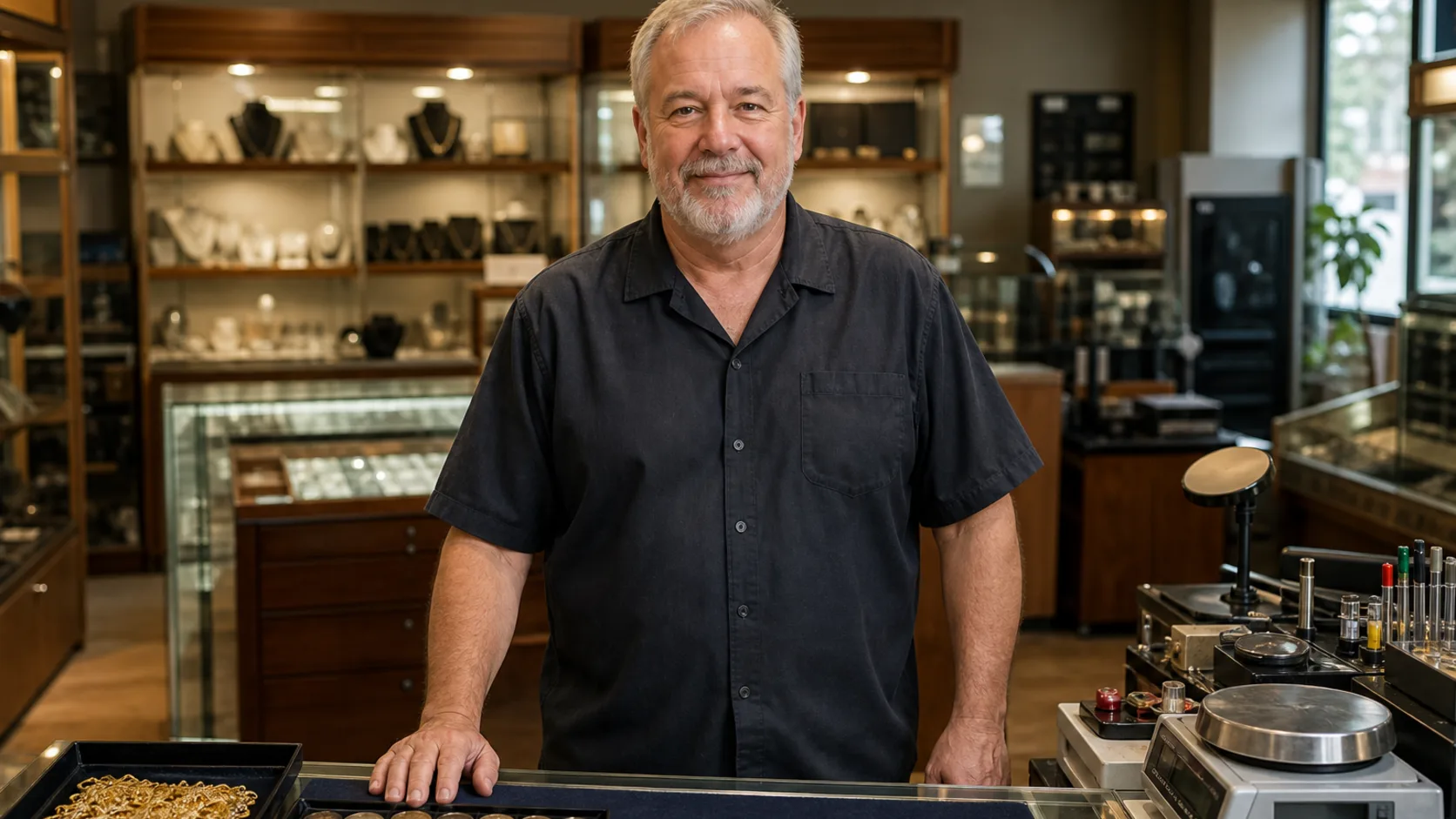 standing behind the shop counter