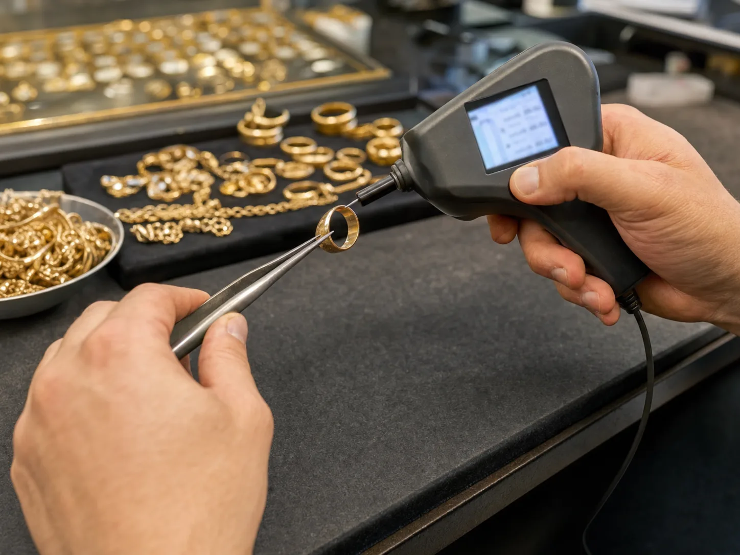 Gold rings and chains sorted by karat on a felt tray at the buying counter