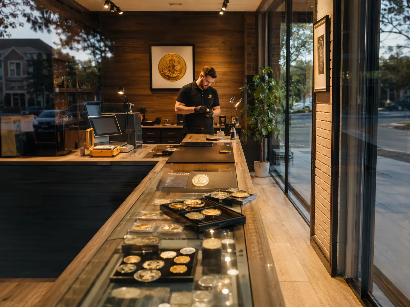 Seen from the street through the storefront window, a worker uses a coin capsule opener during the intake stage to remove a gold bullion coin from its holder for evaluation