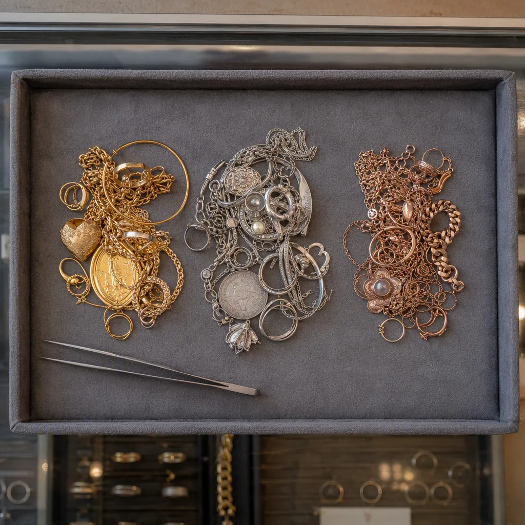 A single felt tray of estate jewelry sorted into three distinct groups by colour of metal, a pair of tweezers laid across one corner of the tray
