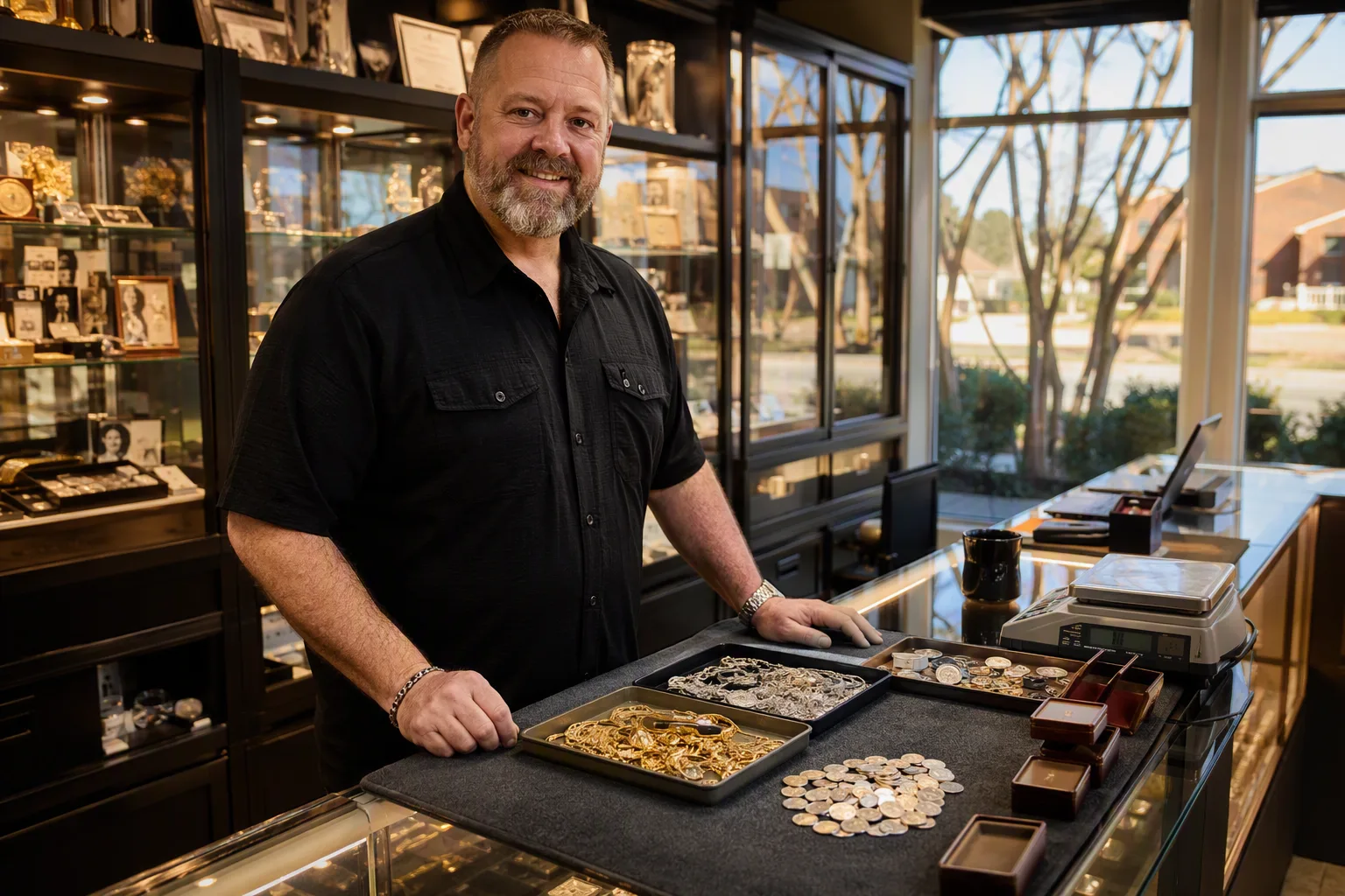 An estate lot spread across the counter and grouped into trays — one of yellow gold, one of white metal, one of plated pieces pushed slightly aside — with three empty jewelry boxes stacked at the end