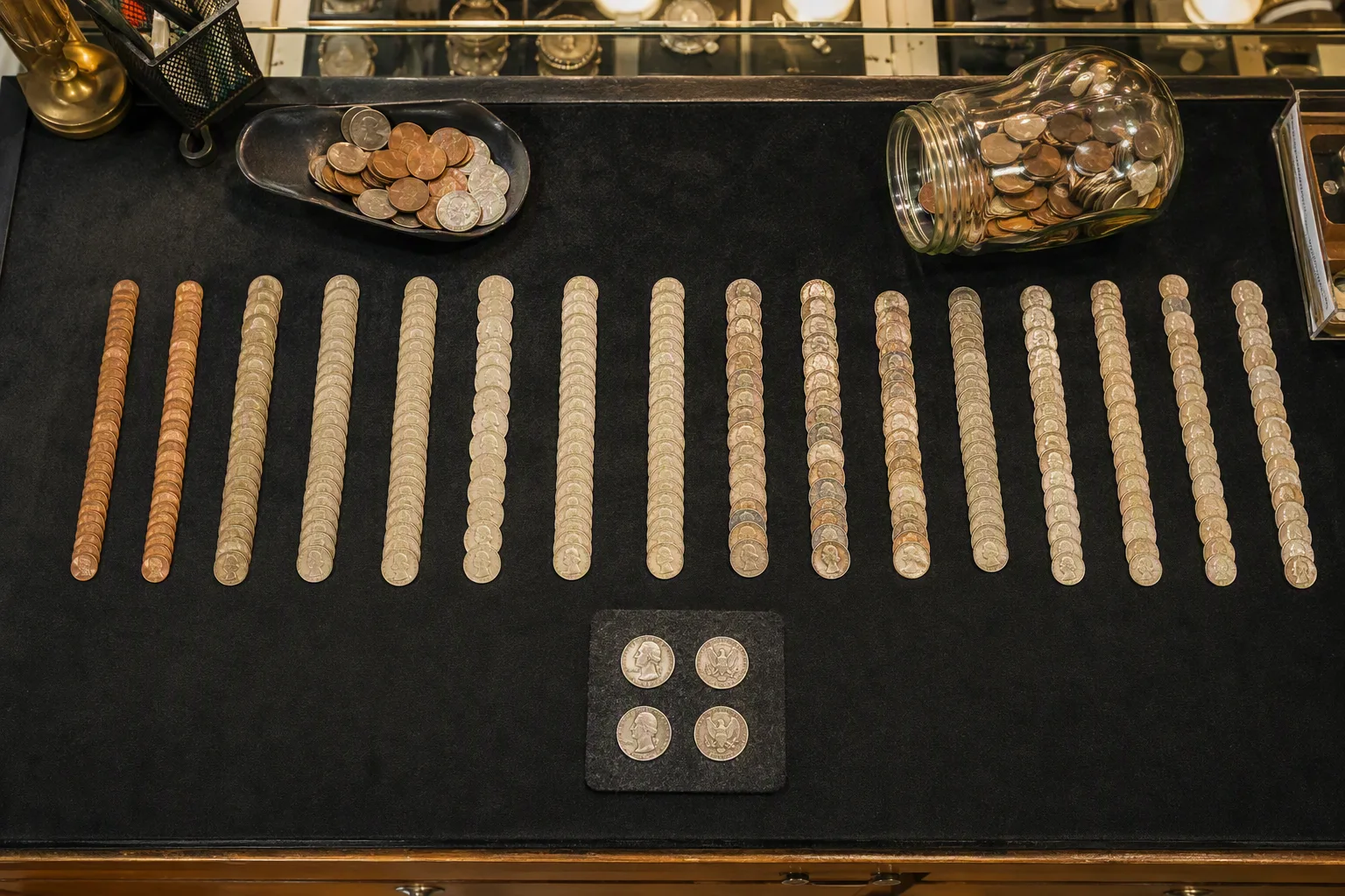 An old glass jar tipped on its side at the back of the shop counter with its mixed coins now sorted into long even rows across a dark counter mat, four coins set apart on a small felt square in front of the rows