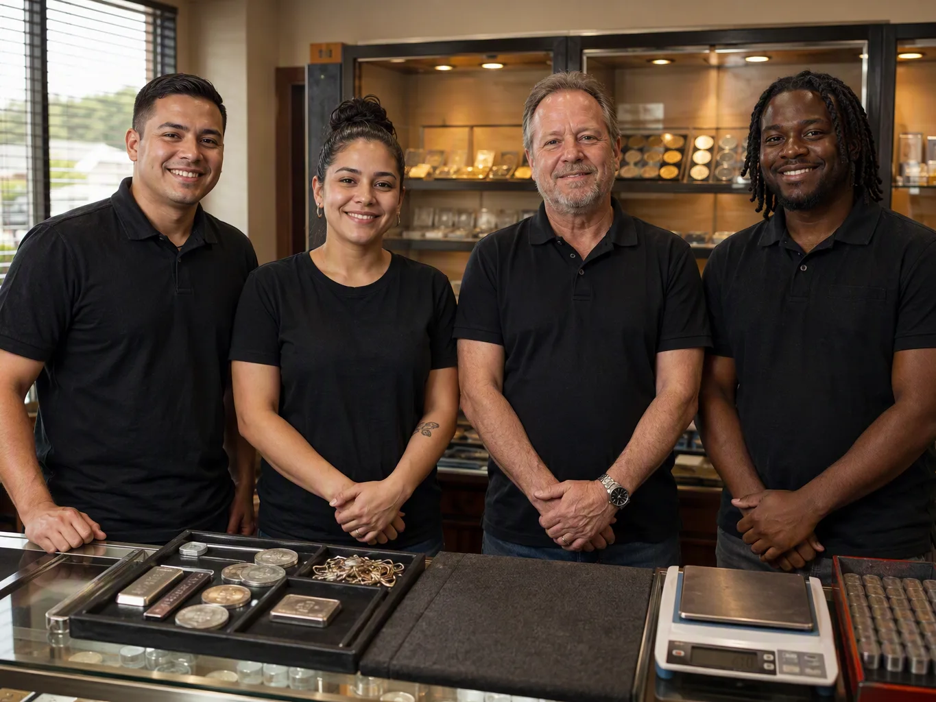 Four POP'S GOLD & SILVER gold buyers standing together outside an open industrial gold and silver shop