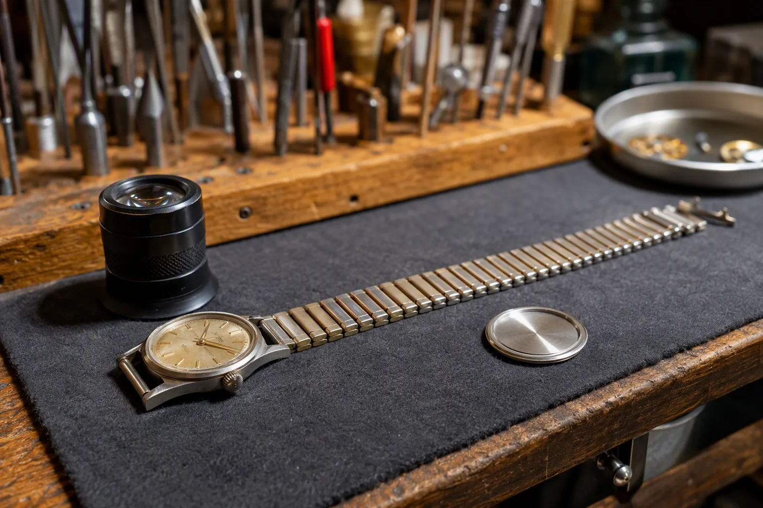 A vintage wristwatch face-up on a bench block with its bracelet laid out straight beside it and its caseback resting alongside, a jeweller's loupe standing on the mat