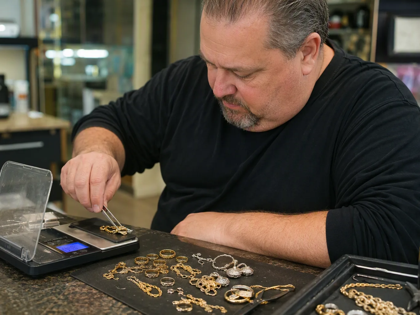 At eye level, a worker uses a digital jewelry scale during the evaluation of gold and silver pieces arranged on the counter, focused on the display rather than the camera