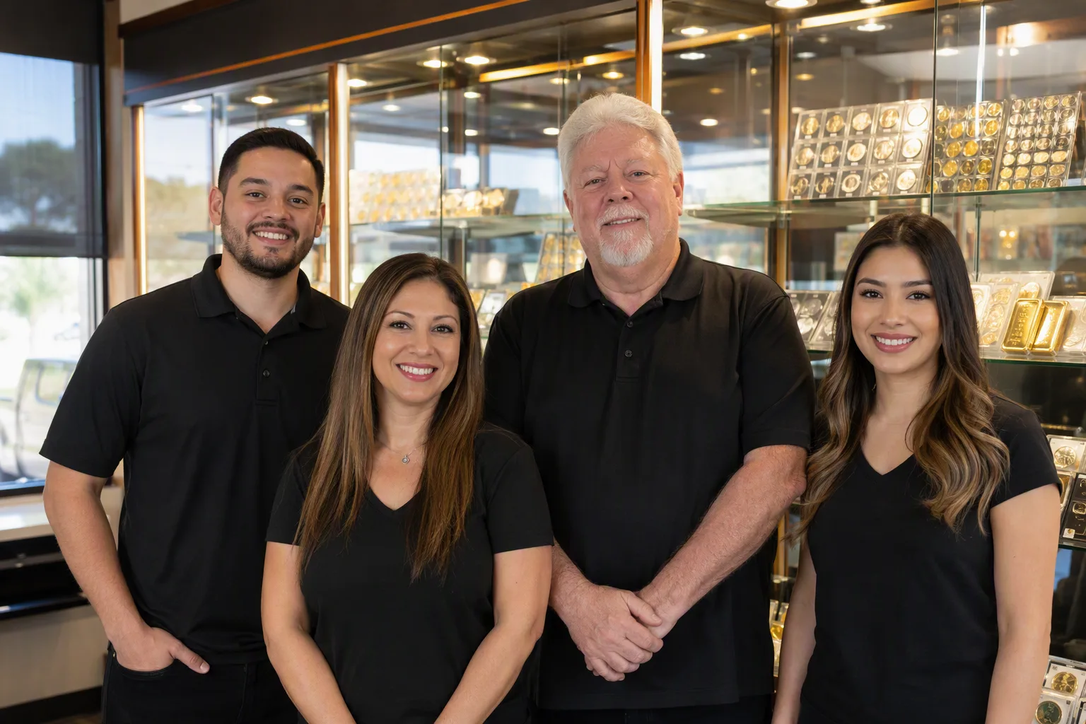 The shop's four staff standing together in front of the lit display cases, a small informal group portrait — everyone facing the camera and smiling naturally, plain dark shirts, mixed ages and backgrounds