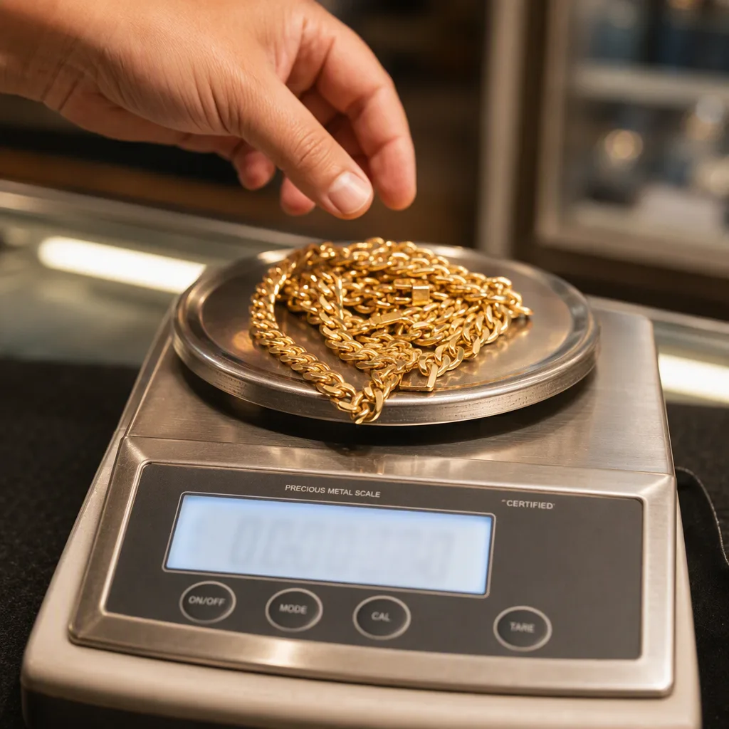 A heavy gold chain settling onto the pan of a certified counter scale, a hand just lifting away from it