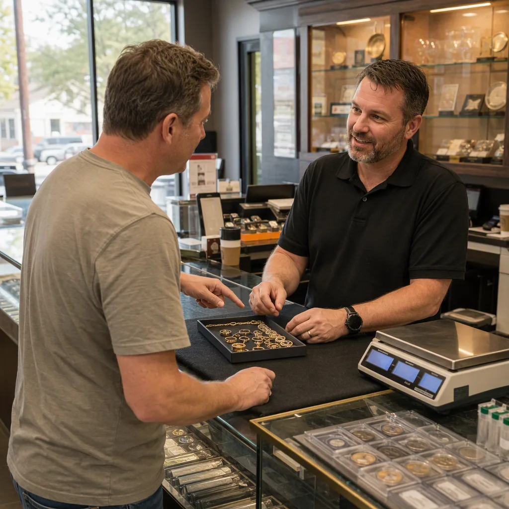 A customer and a buyer talking across the counter, the customer gesturing at a small tray of jewelry between them, both mid-conversation