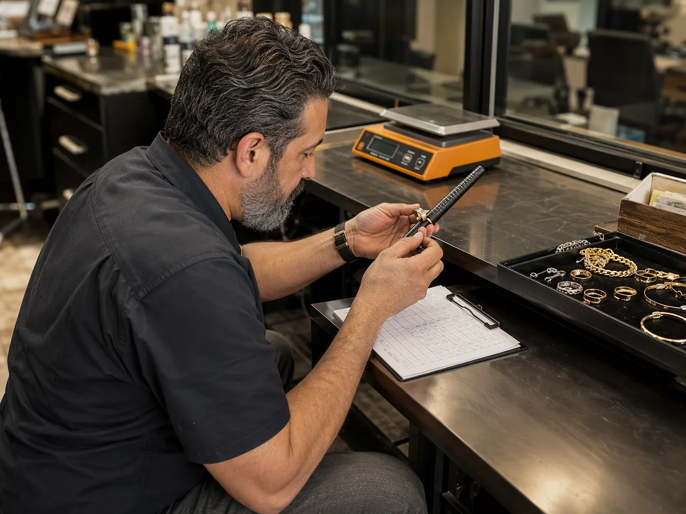 During the intake stage of a jewelry purchase, a worker uses a ring sizer to check a gold ring while several other gold and silver pieces rest in a shallow tray nearby