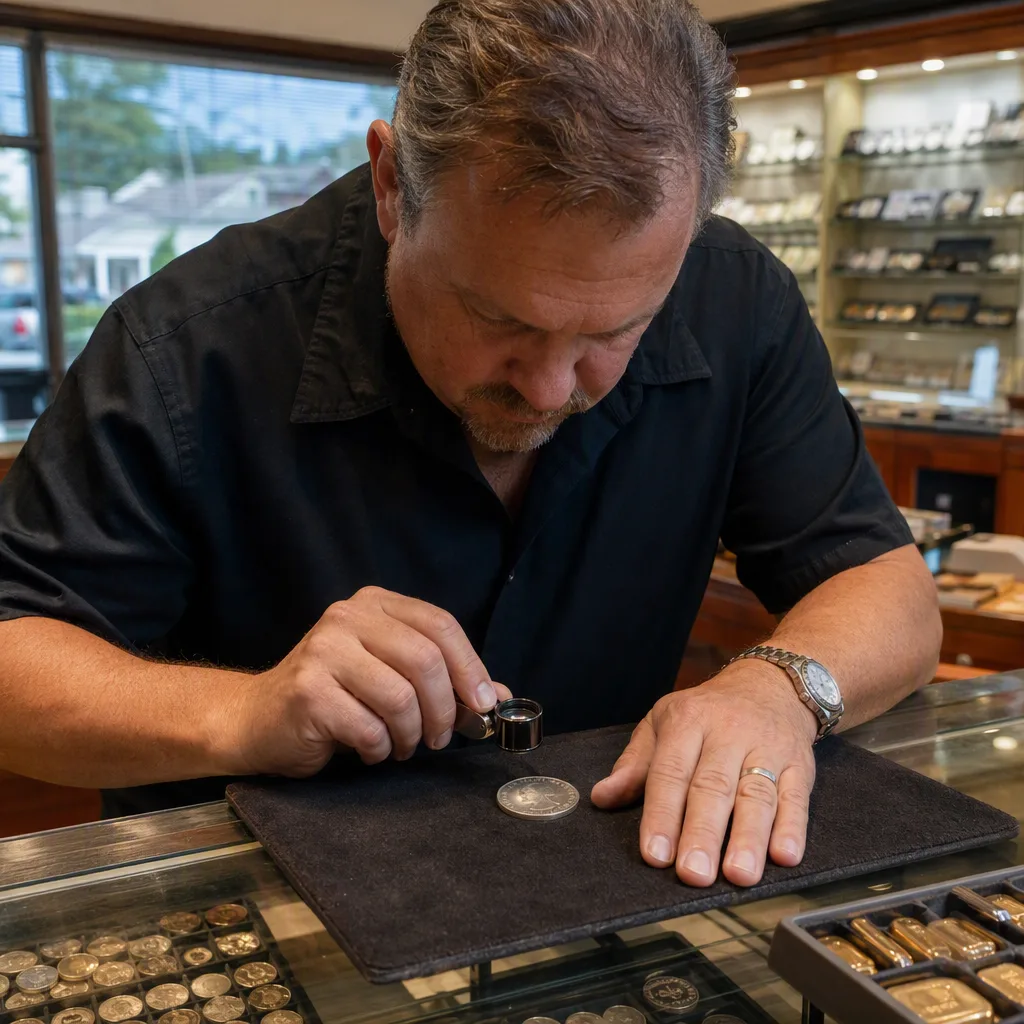A jeweller's loupe held over a large silver dollar lying on a dark felt mat, the coin's surface catching the light through the lens
