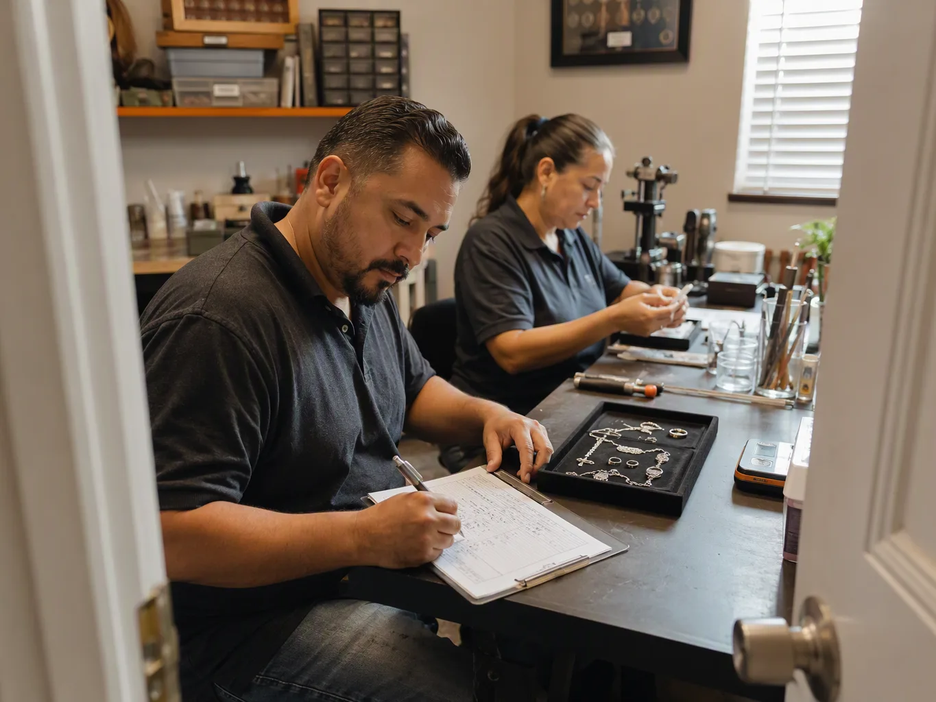 At the intake and documentation stage of a sterling silver purchase, a worker records item details with a pen on an evaluation form while sterling silver jewelry rests in a small tray