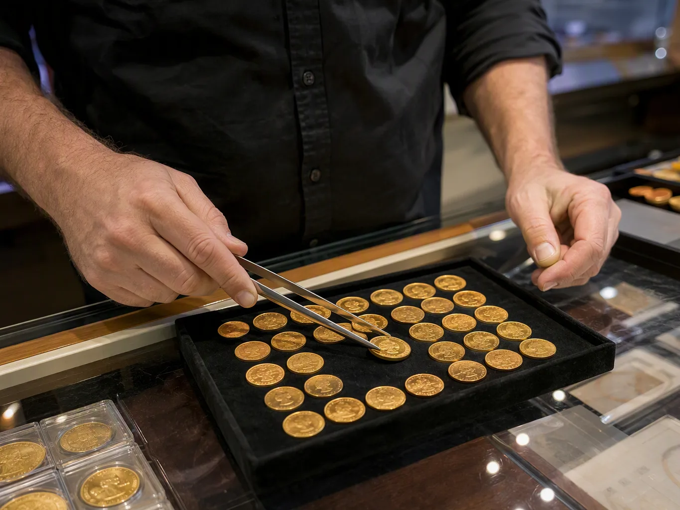 During the display-preparation stage, a worker uses coin tongs to arrange gold coins in a lined tray, keeping attention on the coins rather than the camera