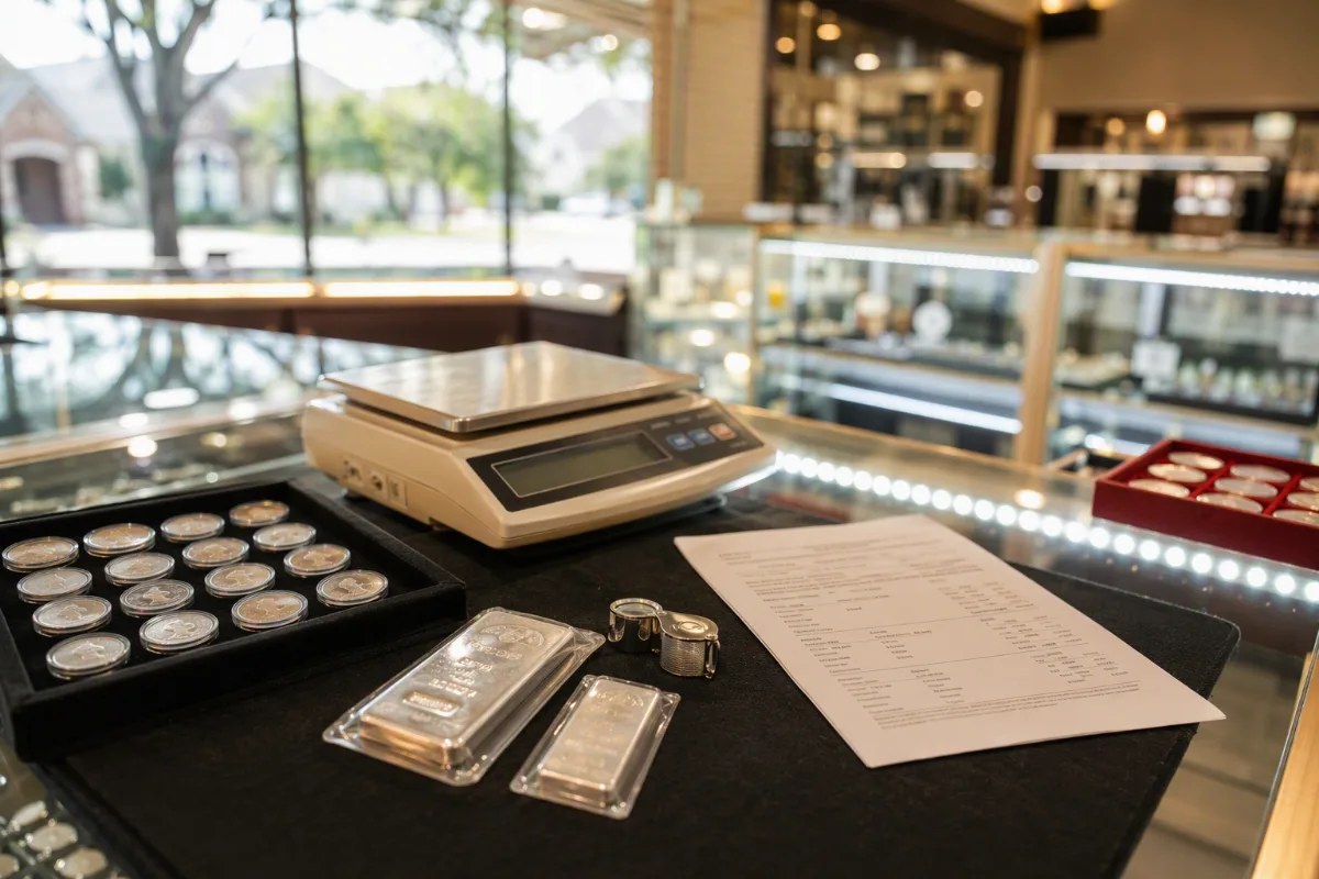 A printed appraisal sheet resting on the counter beside a jeweller's loupe and the counter scale, the page soft and entirely unreadable, the lit shop blurred behind it