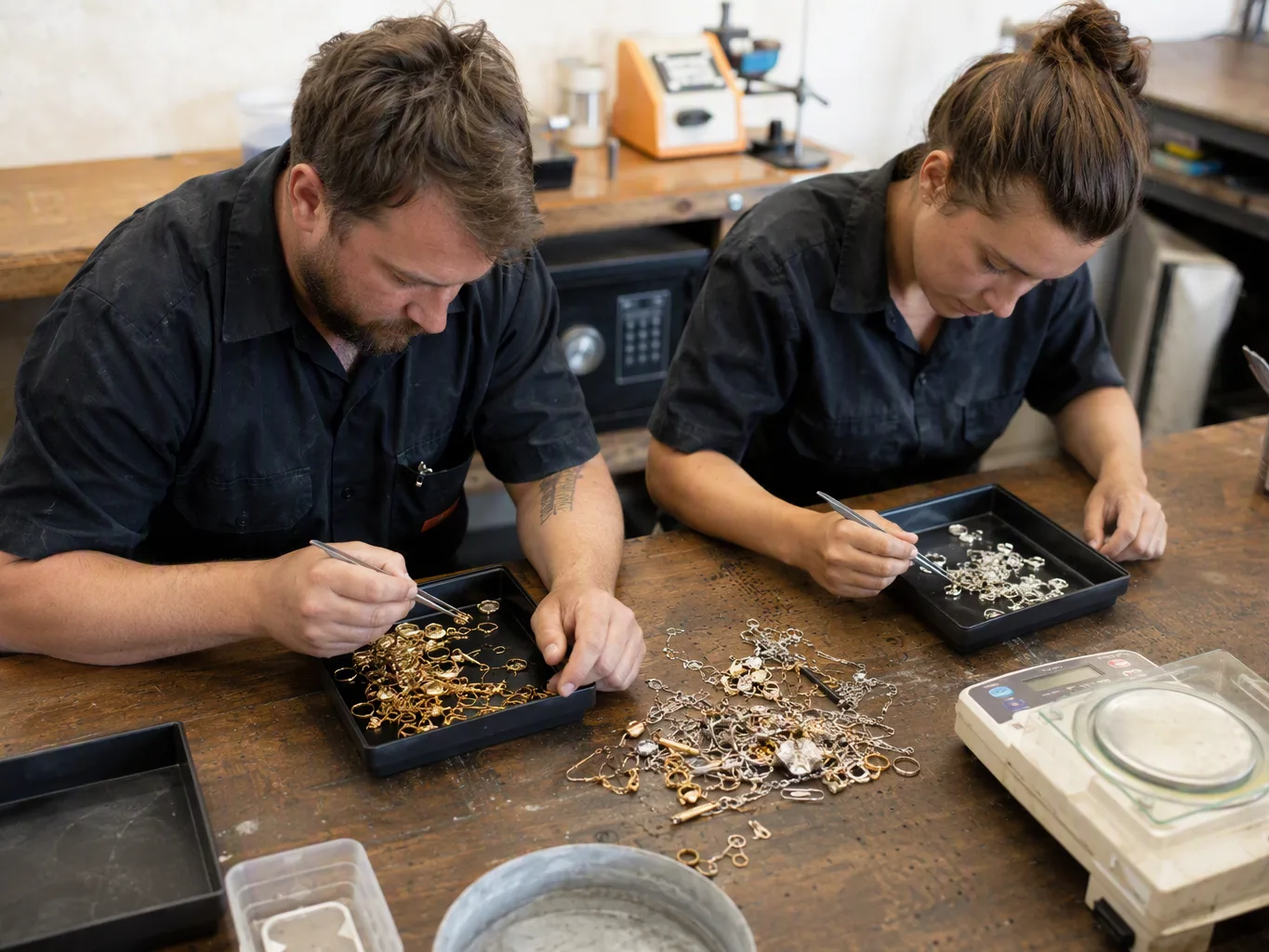 Loose gold and silver pieces are being separated with jeweler's tweezers into two small sorting trays during the initial sorting stage of a scrap gold evaluation