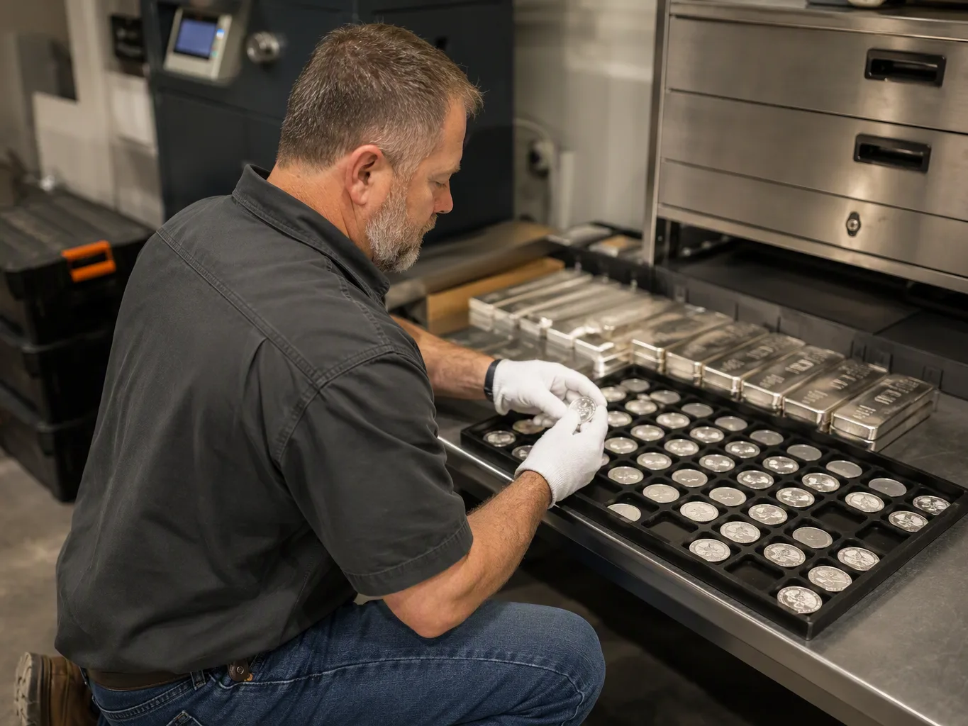 At the intake stage of a silver bullion purchase, a worker wearing cotton gloves arranges silver bullion pieces in a coin sorting tray while checking each item against the group being presented