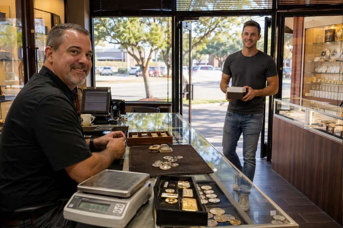 A customer arriving at the shop for the first time, stepping through the door with a small box held in both hands, greeted by a buyer looking up from the counter with a smile