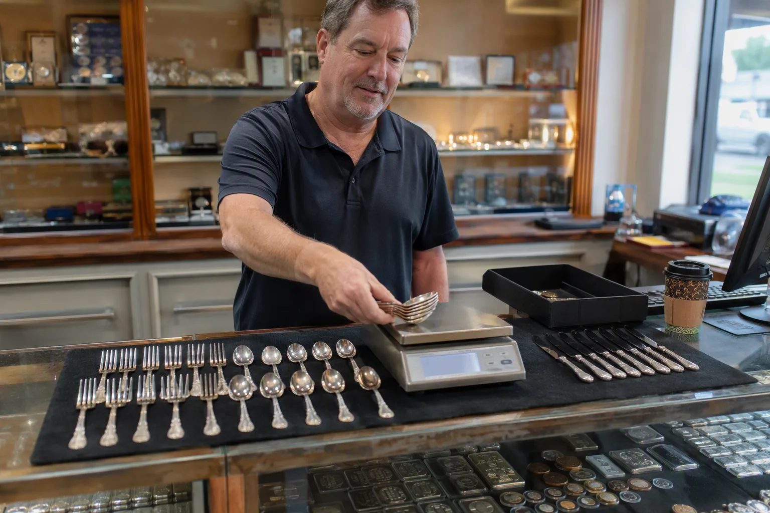 A sterling flatware service laid out in rows on a counter mat with the knives separated into their own group at one end, a hand settling a stack of spoons onto the counter scale