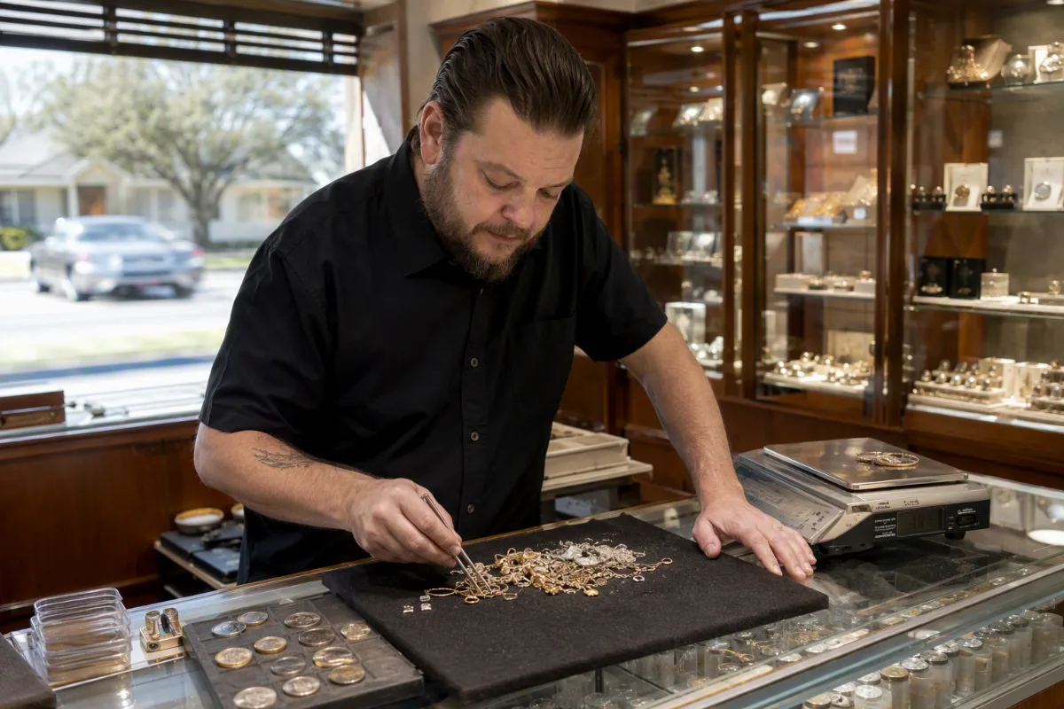A buyer working a tangle of broken chains and odd earrings apart with tweezers on a felt tray, the other hand resting flat on the counter, attention down on the pieces