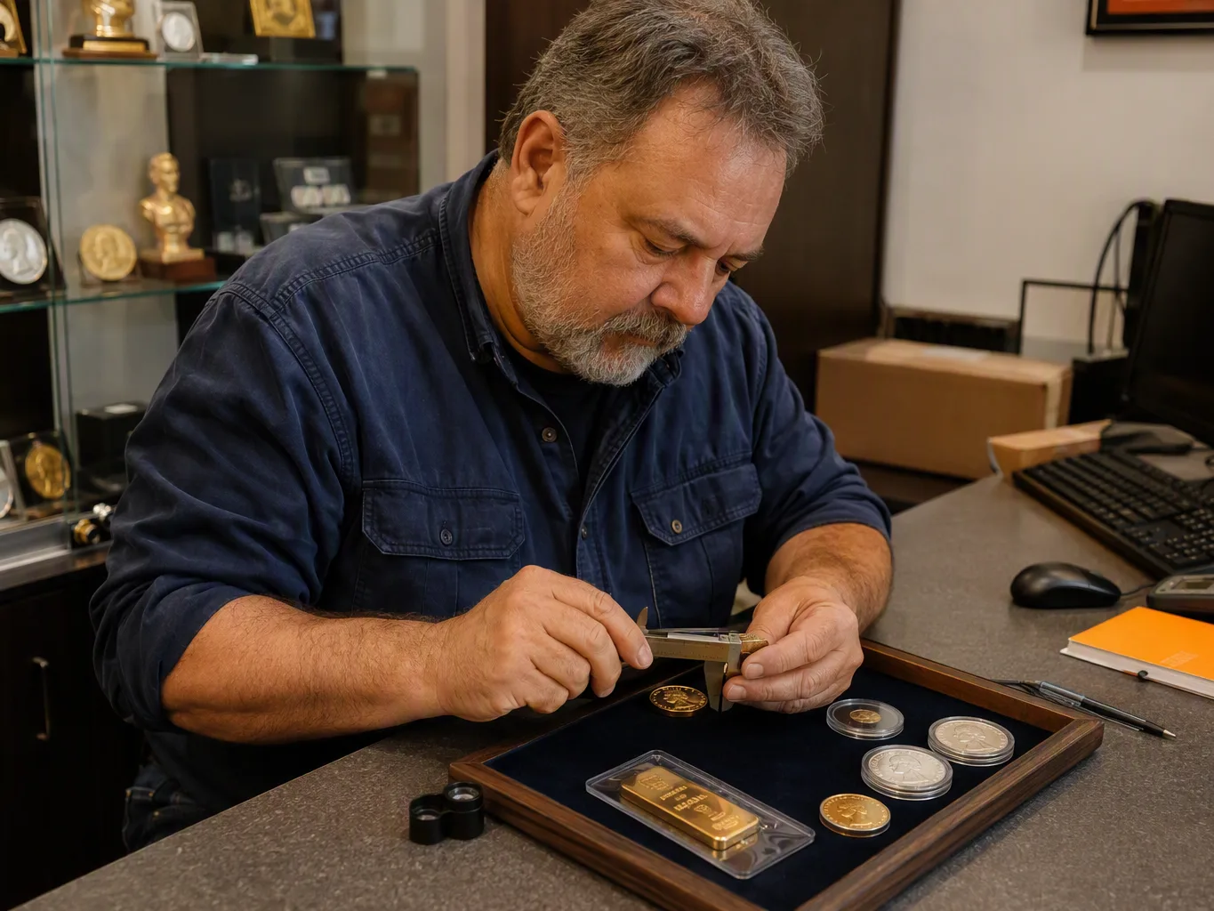 During the intake stage of a gold bullion evaluation, a worker uses a coin edge gauge to check a bullion coin resting on a padded tray, with other gold and silver bullion nearby