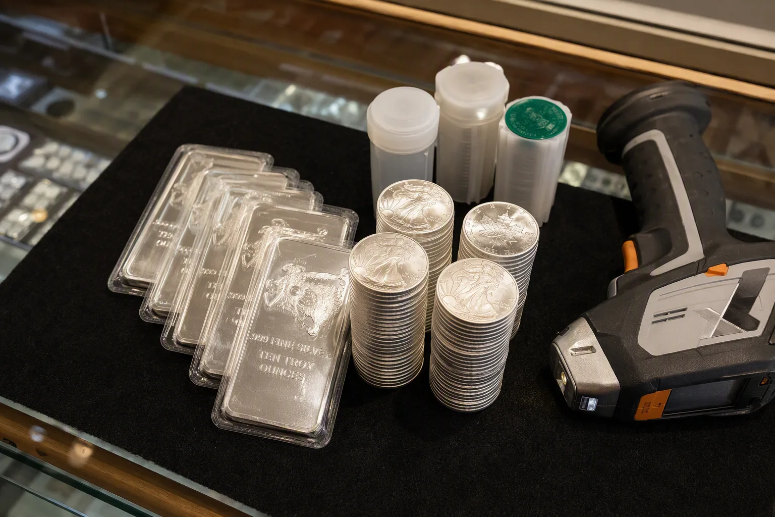 Sealed bullion bars laid in a neat overlapping row beside three tall stacks of silver rounds and two capped tubes, with a handheld metal analyser resting at the edge of the group
