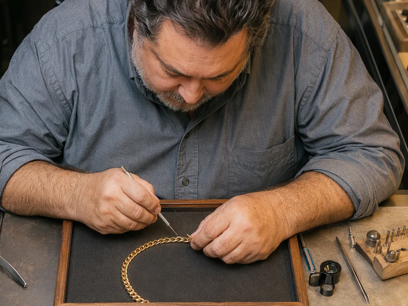 During the condition-review stage of a fine jewelry evaluation, a worker uses a small jeweler's screwdriver to examine the clasp of a gold bracelet resting on a padded tray