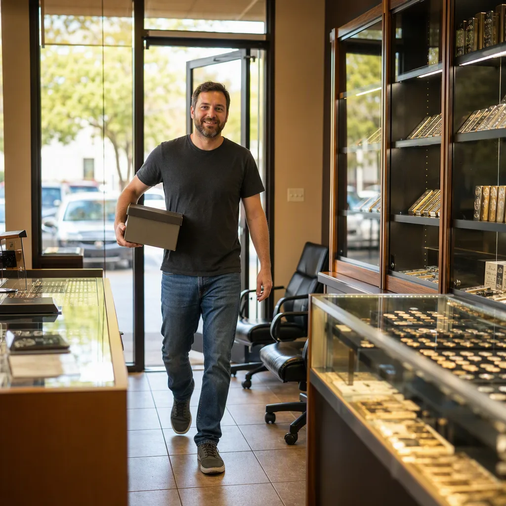 A customer stepping through the shop door carrying a shoebox under one arm, caught mid-stride, warm daylight behind them and the counter soft ahead