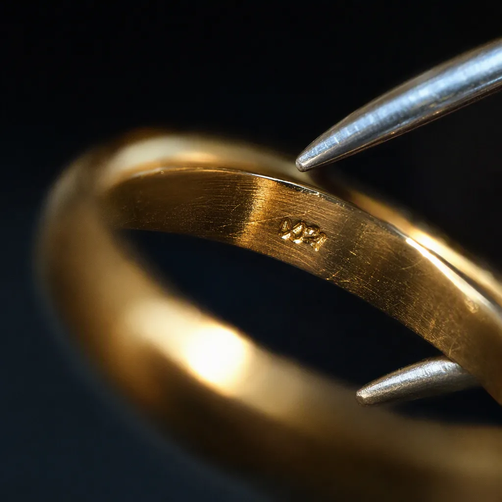 Extreme close-up: the inside of a gold ring band held in tweezers under strong bench light, the karat stamp catching the light as a tiny raised mark, everything else falling away out of focus