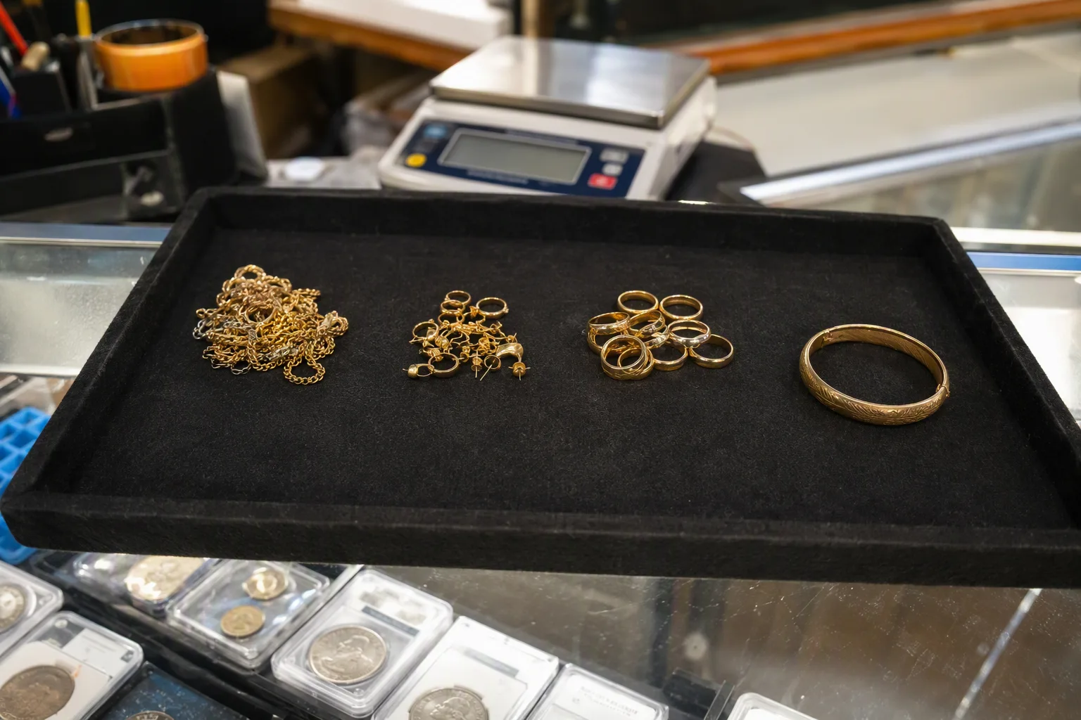 Broken chains, single earrings and bent rings separated into four distinct piles on a felt tray, each pile a slightly different shade of yellow, with a heavier bangle sitting alone in the fourth