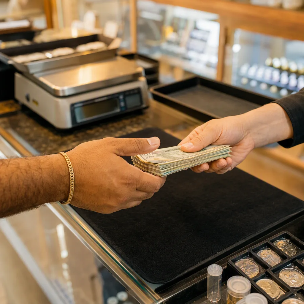 Counted banknotes being handed across the counter, one hand offering and one hand receiving, the emptied trays and the scale visible behind the exchange