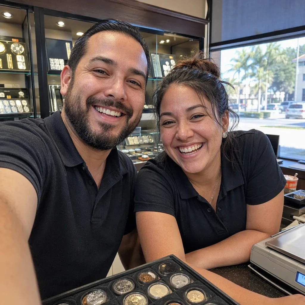 Two staff members behind the counter before opening, leaning in together for a phone selfie, laughing, both faces clear and close to the camera — slightly imperfect and unposed, the kind of picture a small shop posts itself