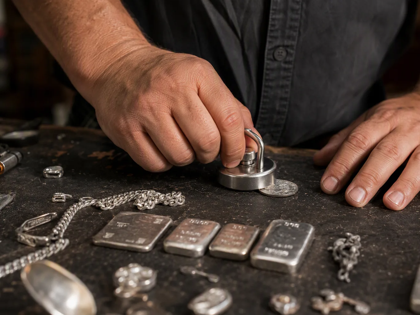 At ground level, a worker uses a silver testing magnet during the verification stage of a silver evaluation, checking several pieces laid out on a dark work surface