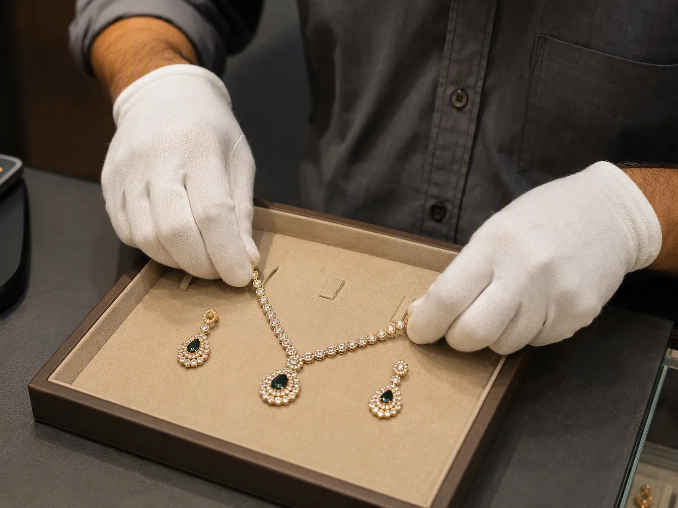 At the final intake stage of a new gold and silver jewelry purchase, a worker wearing cotton gloves transfers a freshly evaluated necklace and earrings into a lined presentation tray