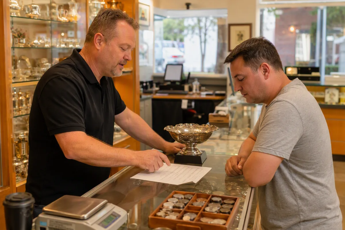A buyer and a customer reviewing a printed appraisal sheet together across the counter, the piece being valued resting on a small stand between them, both engaged in the conversation